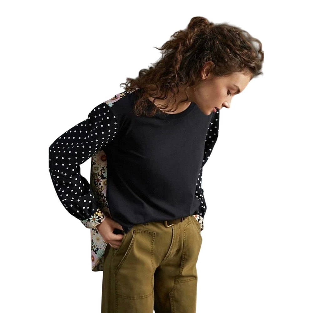 Maeve Anthropologie Mixed Print Top Small Black Floral Polka Dot Button Back - Picture 2 of 13